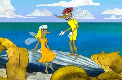 An animated boy mosquito hovers next to girl mosquito who is sitting on a rock